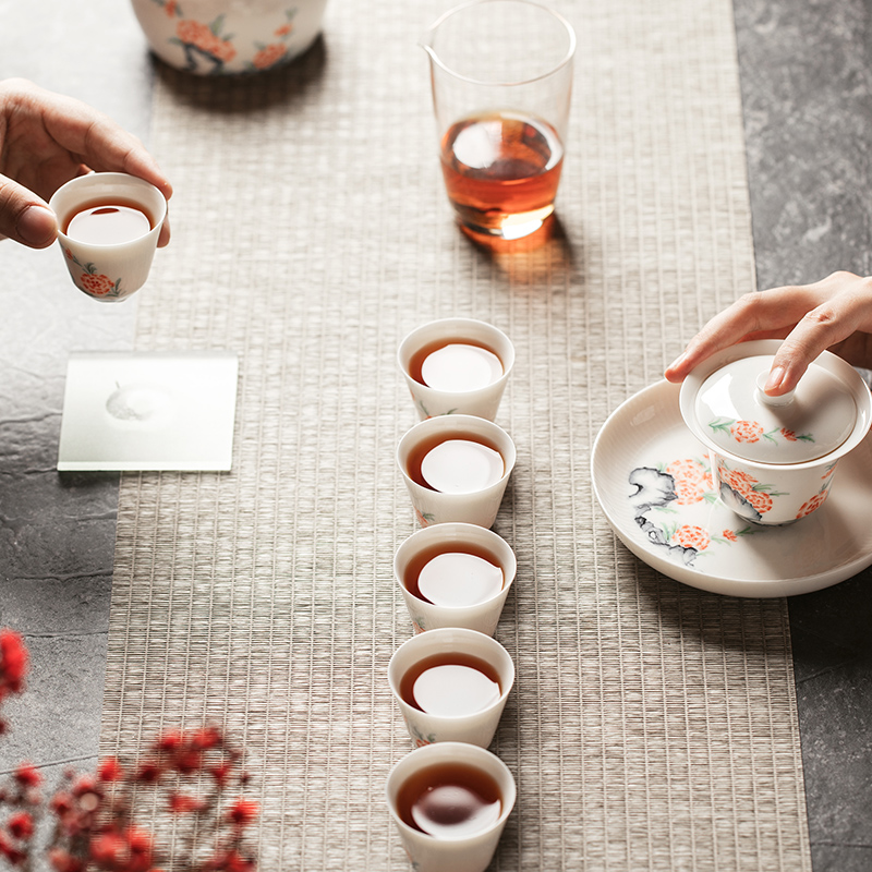 The Self - "appropriate content of jingdezhen manual hand - made tureen single CPU use Japanese white porcelain GaiWanCha kung fu tea set