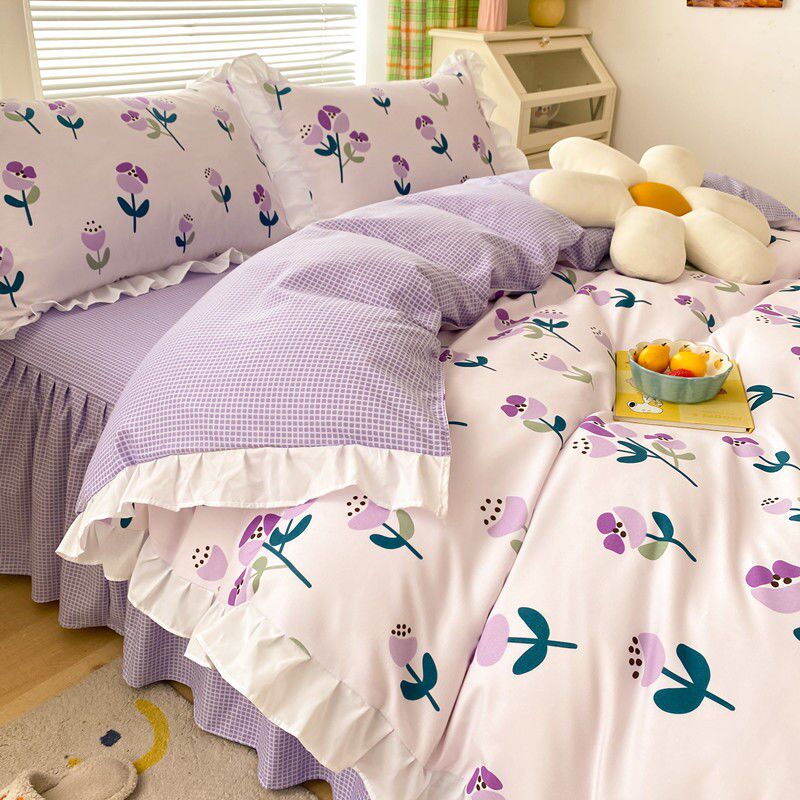 Internet celebrity four-piece set 2021 new version princess wind three-piece bedding set thick skin-friendly brushed bed sheet quilt cover