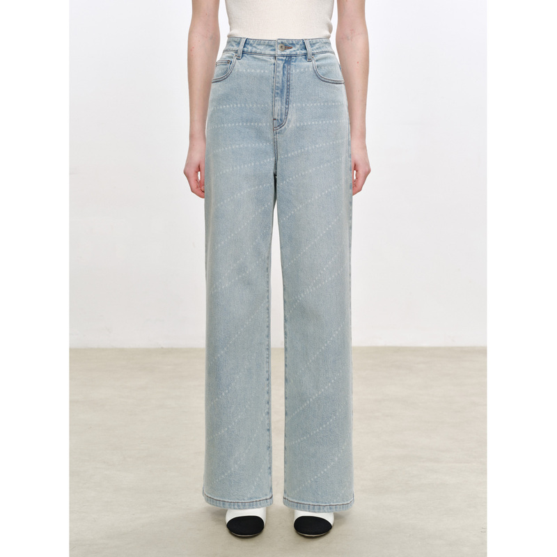 Island Breeze “Pearl Denim” Fragrant Pearl Chain Heavy Embroidered Denim Straight-Leg Jeans