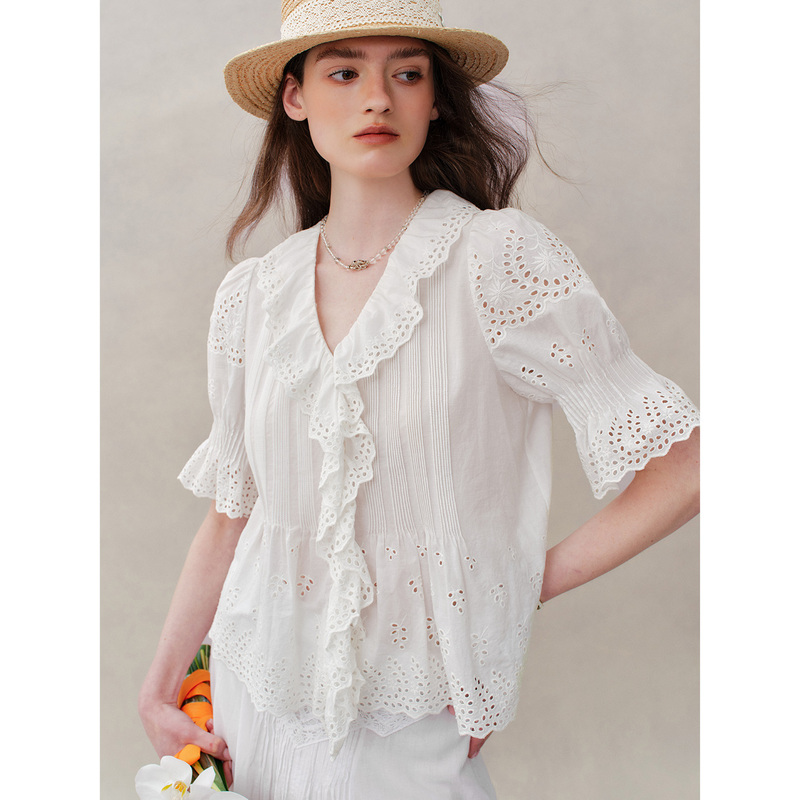 Island Breeze "Capri Midsummer" French-Style Hollow Cotton Ruffle Embroidered Top Summer Shirt