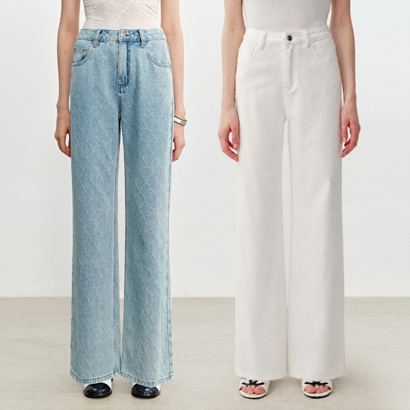 Island Breeze "Coco Diamond Denim" Heavy Jacquard Chanel-Style White Slimming Straight-Leg Jeans Island Breeze "Coco Diamond Denim" Heavy Jacquard Chanel-Style White Slimming Straight-Leg Jeans