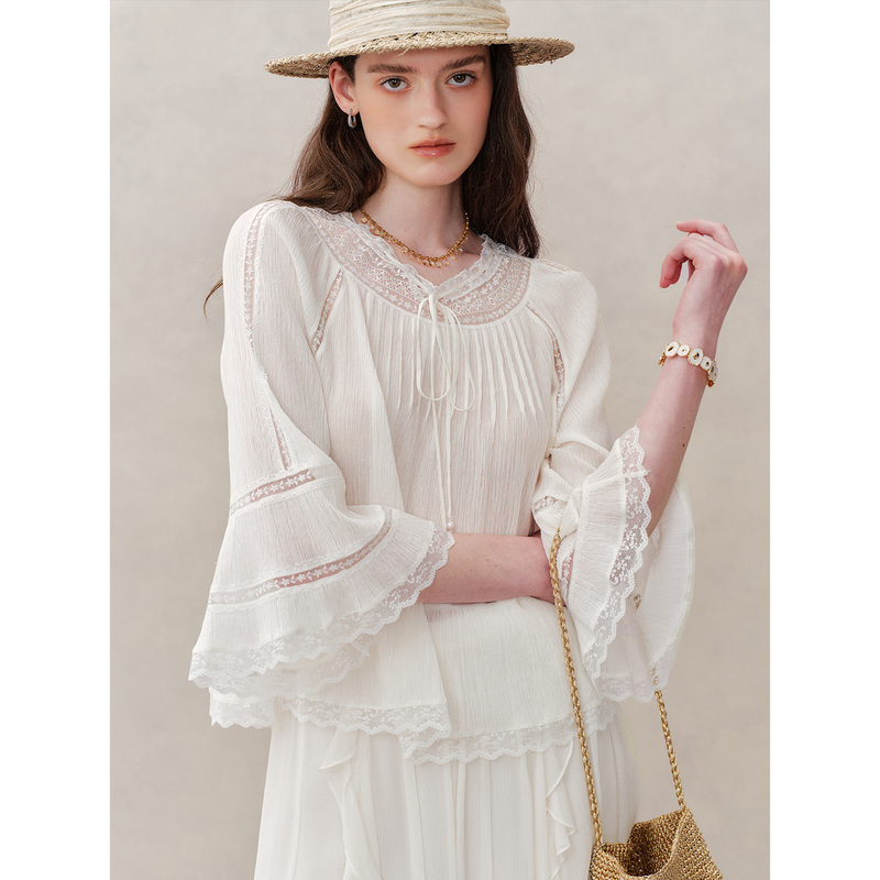 Island Breeze "Chlo* Fairy Blouse" Heavy Craft Lace Patchwork Bell Sleeve French Style Top Shirt Island Breeze "Chlo* Fairy Blouse" Heavy Craft Lace Patchwork Bell Sleeve French Style Top Shirt