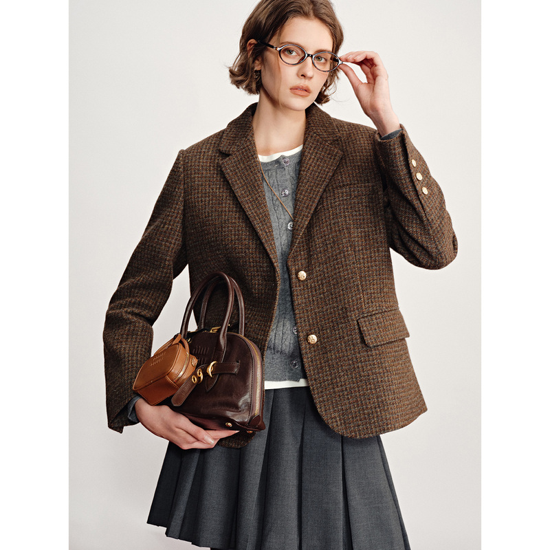 Island Breeze "Caramel Muffin Suit Jacket: Korean Imported Wool Vintage Gold Button Plaid Blazer Jacket