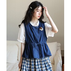 Женская жилетка 覆古文艺森系少女牛仔马甲2025夏季新款叠穿薄款收腰系带坎肩上衣