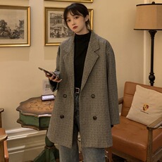 Блэйзер 复古西服女士秋装2024年新款韩版宽松英伦风百搭格子西装外套加厚