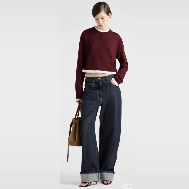 24 New Style Inverted Triangle Logo Women's Jeans High-Waisted Loose Straight Wide-Leg Cuffed Pants Versatile