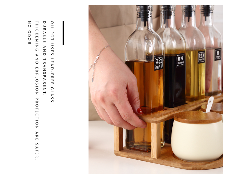 Household condiment oil bottle glass combination suit the kitchen, cooking sauce vinegar jug of ceramic double flavor three - piece as cans box