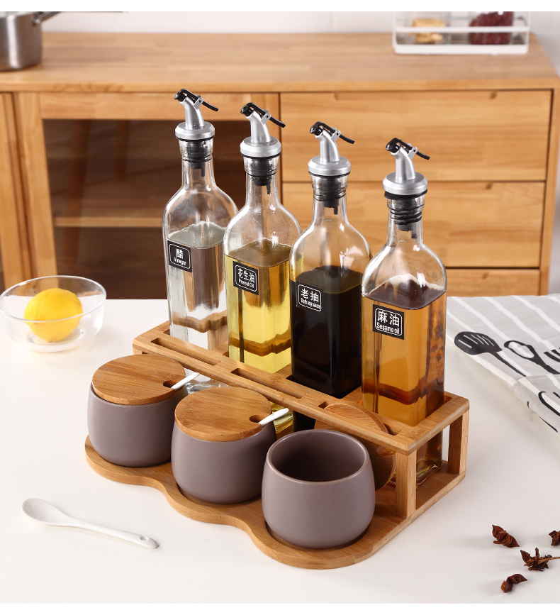 Household condiment oil bottle glass combination suit the kitchen, cooking sauce vinegar jug of ceramic double flavor three - piece as cans box
