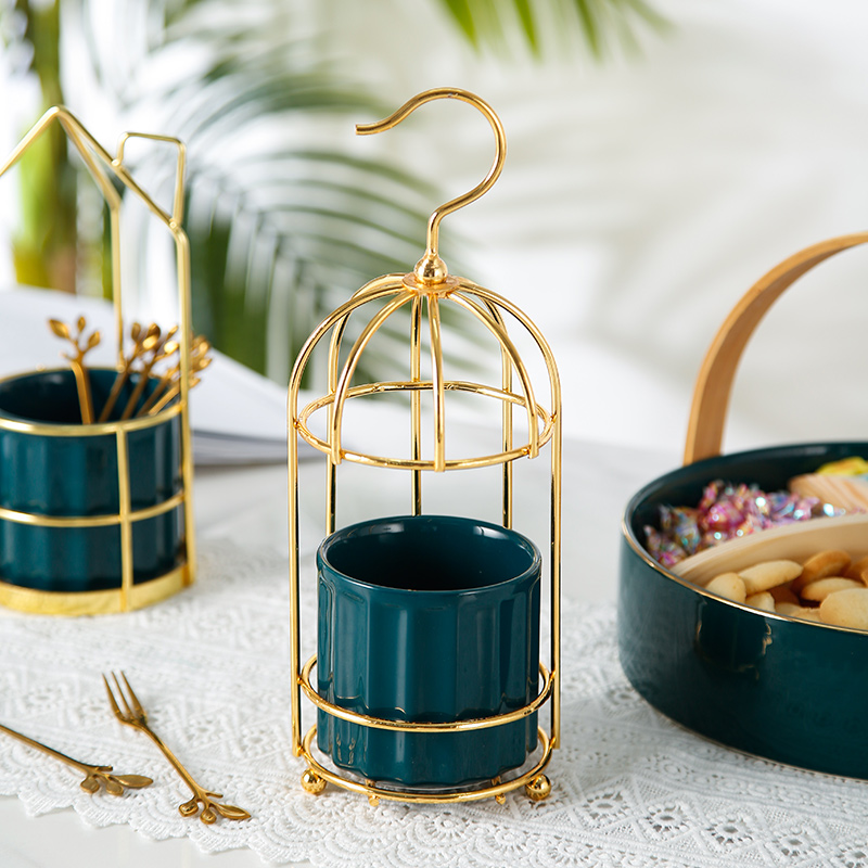 Small European - style key-2 luxury household stainless steel fruit fork suit creative ceramic receive tube cake snacks fork
