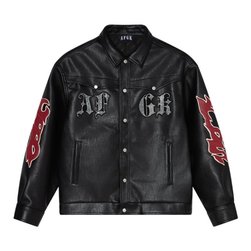Authentic Afck Maswei Rhinestone Patch Leather Lapel Jacket American Street Retro Hip-Hop Trendy Casual Jacket