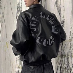 2023FW Dark Horse Season Tour Hot Diamond Leather Jacket American trendy Hip-Hop Heavy Letter Jacket Ma Siwei fff