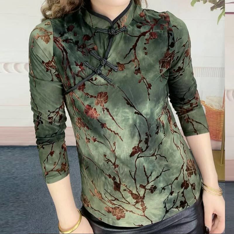 Retro National Wind Qipao Shirts Women's Fall New Foreign Pie Long Sleeve T-shirt Shady Blouse Jersey Undershirt