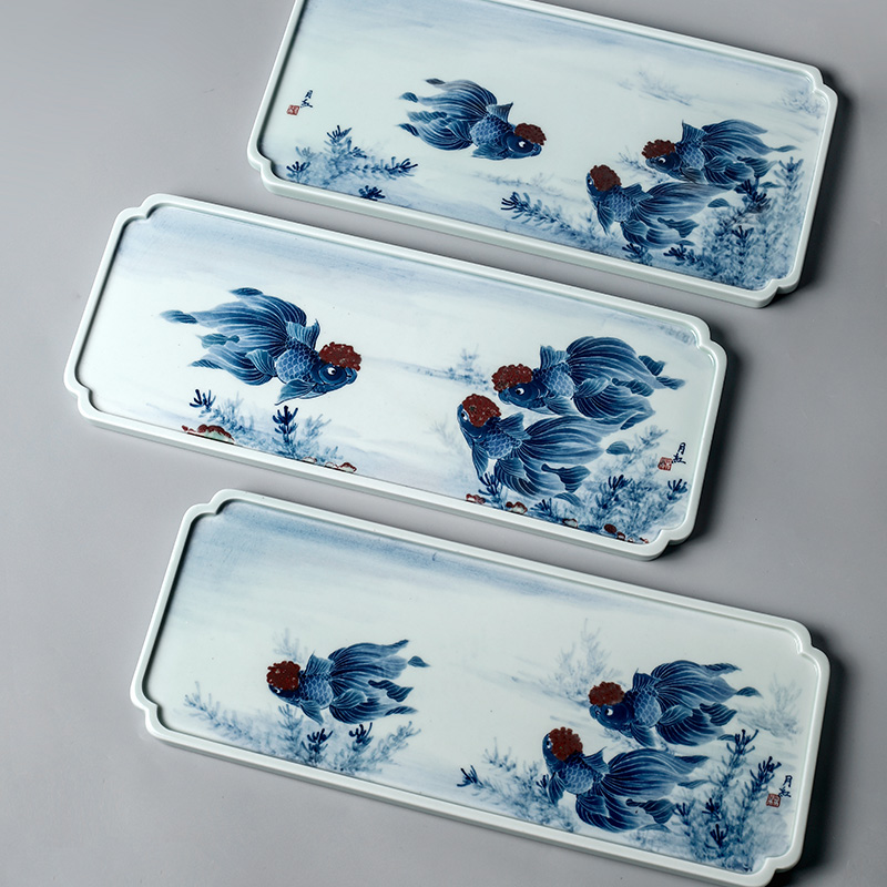Jingdezhen blue and white youligong checking tea tray was dry goldfish mercifully machine Lin Yuehong hand - made ceramic pot of tea service men