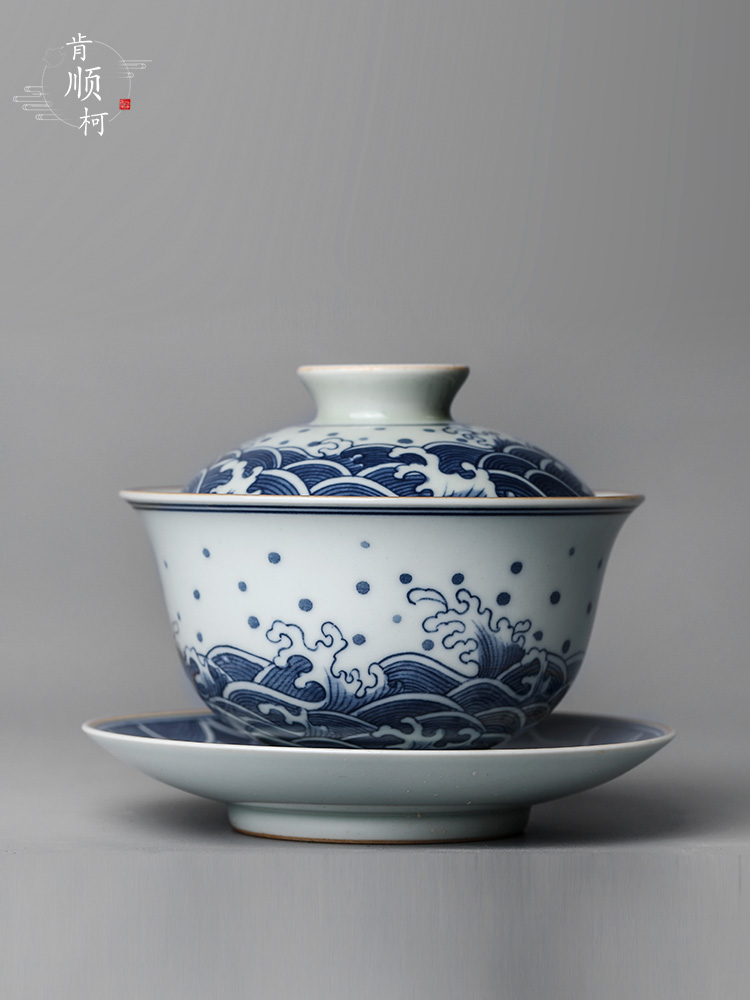 Jingdezhen blue and white only three tureen tea cups large hot kunfu tea tea bowl of checking ceramic tea set