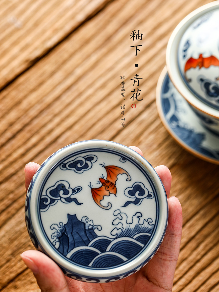 It place jingdezhen blue and white porcelain pure manual cover cover Japanese hand - made live kungfu tea cup pad accessories