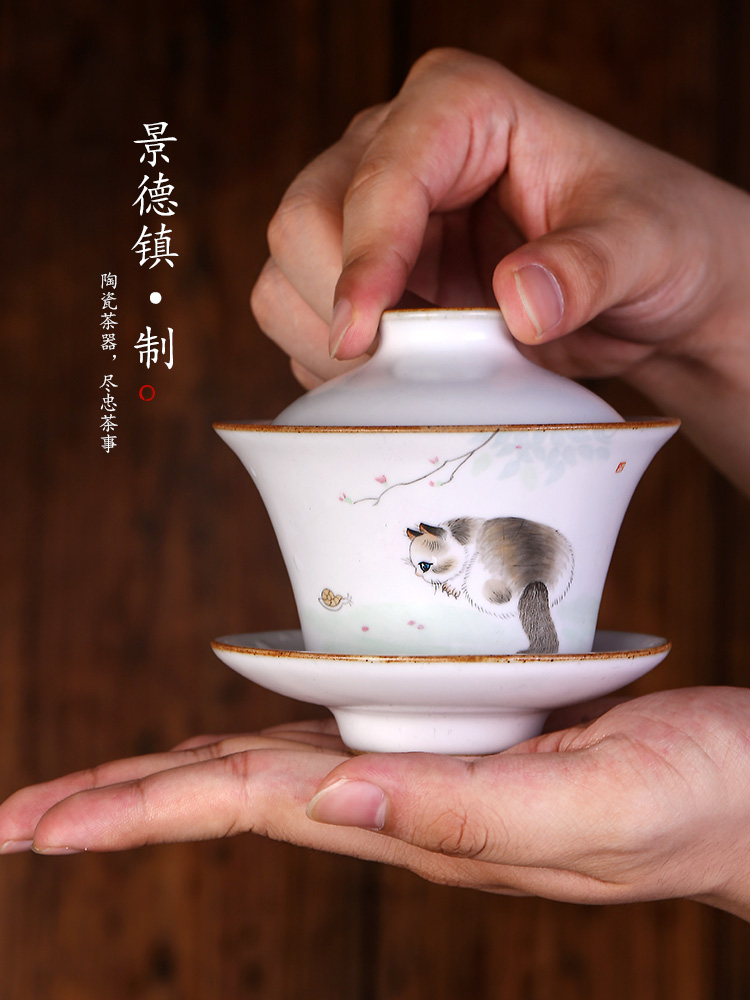 Pure manual kunfu tea your up only three tureen tea bowl not hot cups of jingdezhen hand - made tea set a large cat
