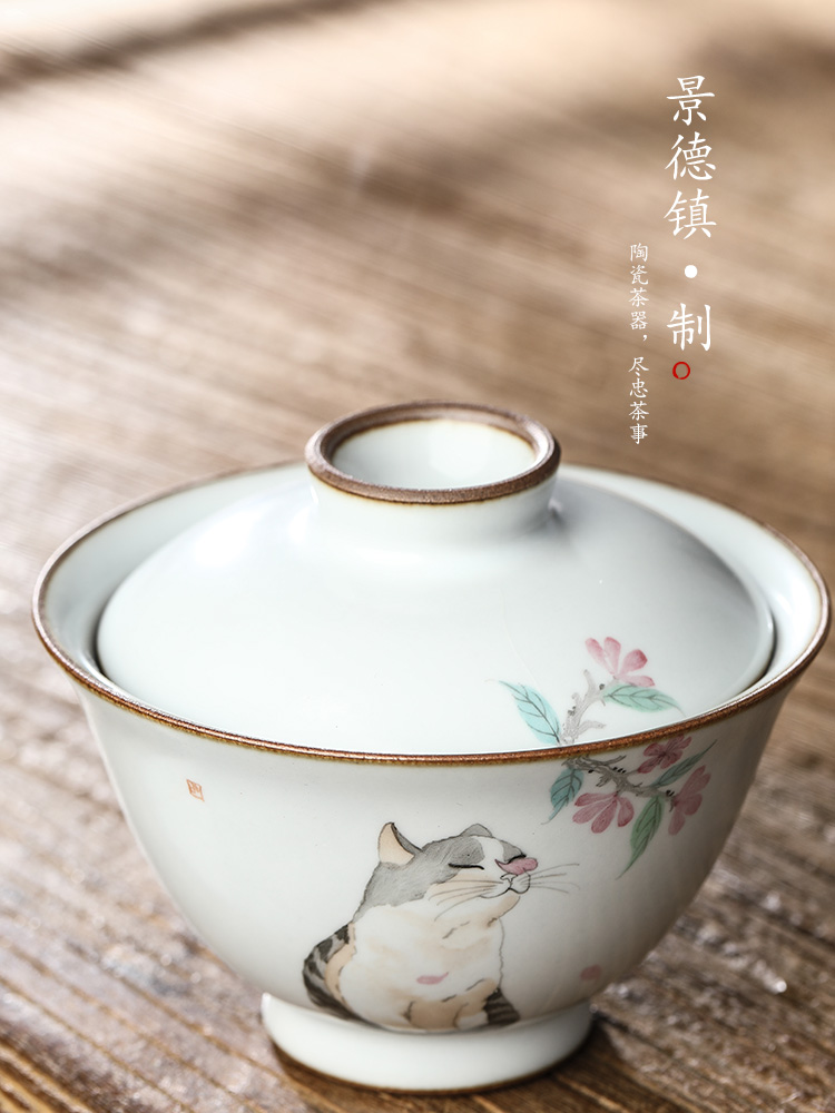 Your up hand - made tureen tea tea bowl jingdezhen upset against the hot piece of ceramic tea set pure manual open cat tea