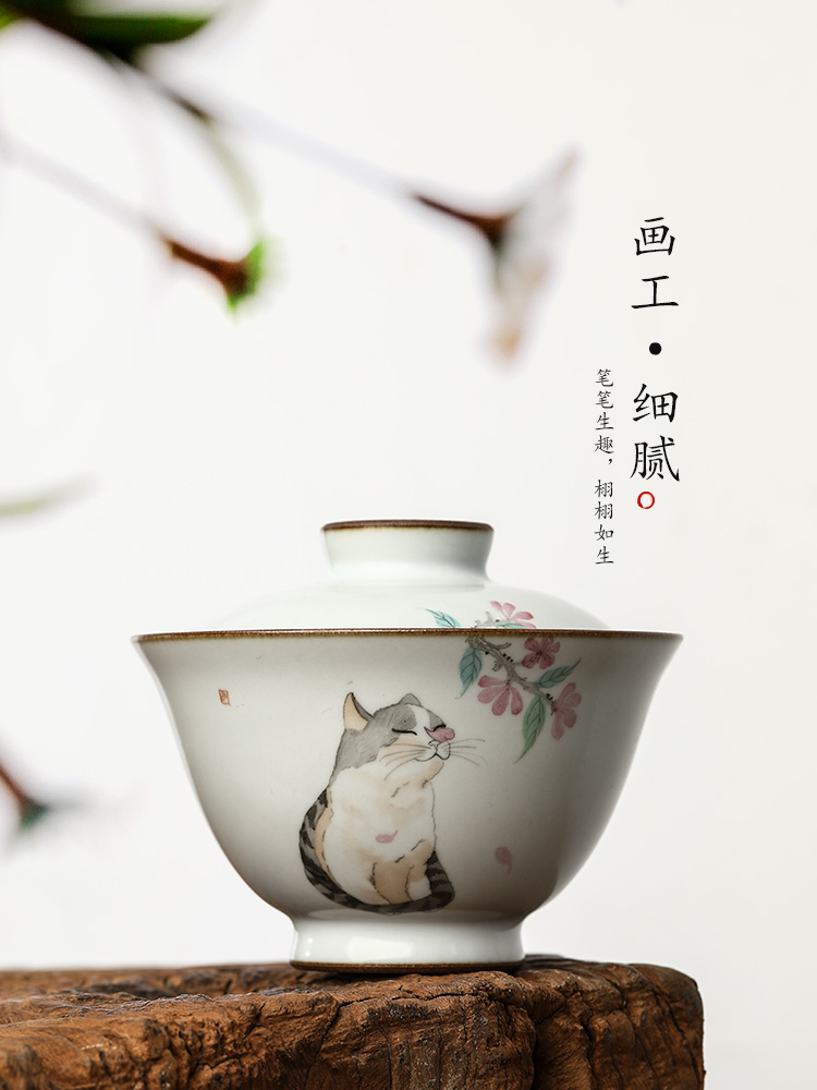 Your up hand - made tureen tea tea bowl jingdezhen upset against the hot piece of ceramic tea set pure manual open cat tea