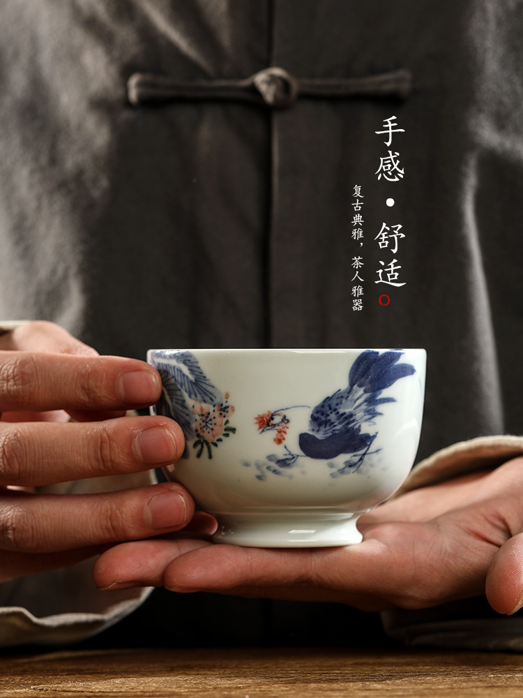 Pure manual jingdezhen blue and white master cup sample tea cup single CPU getting tea hand - made big chicken retro kung fu tea cups