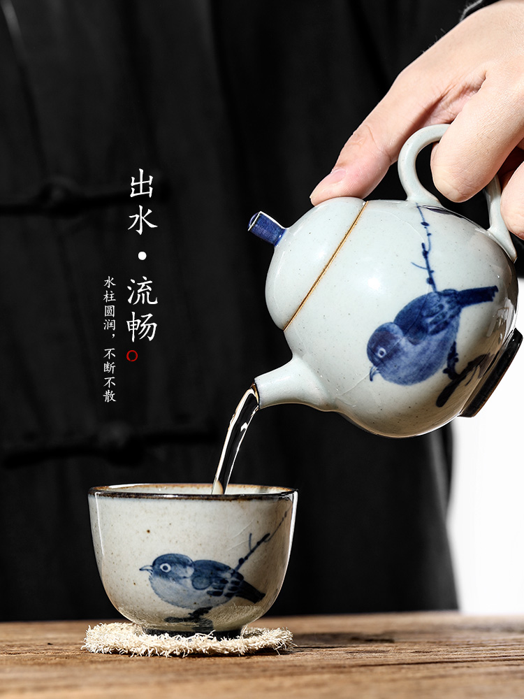 Pure manual jingdezhen blue and white teapot Chinese kungfu tea teapot hand - made riches and honour bird ceramic tea pot single pot