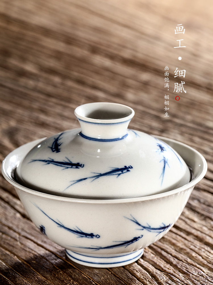 Jingdezhen blue and white hand - made tureen tea cups pure manual plant ash glaze tea bowl of hot kung fu tea set home female