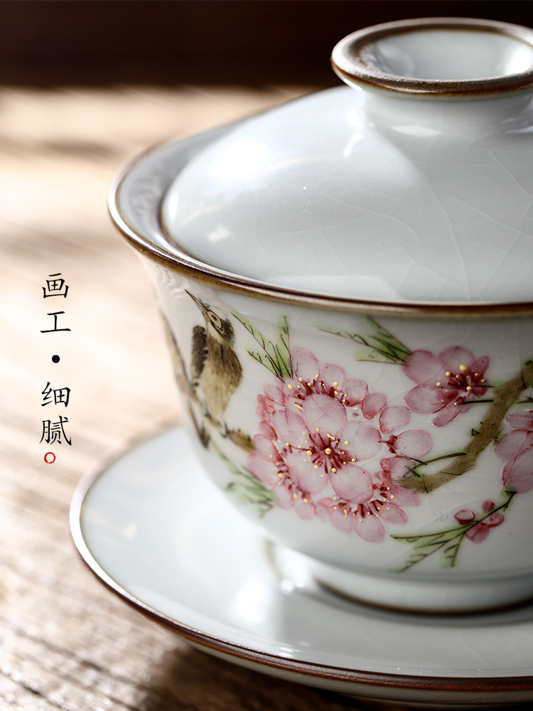 Light peach blossom put tea three Xu Jiaxing hand - made water tureen prevent hot large jingdezhen checking make tea bowl of tea