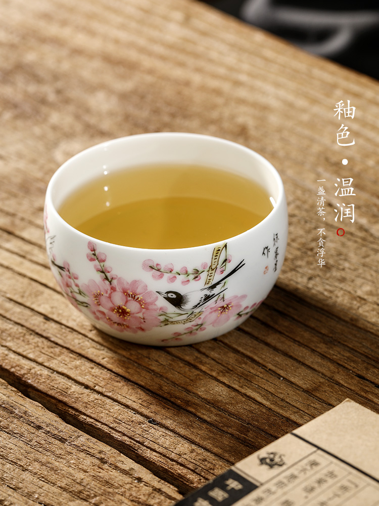 Jingdezhen Xu Jiaxing hand - made peach blossom put water point masters cup single cup pure manual white porcelain kung fu tea set sample tea cup