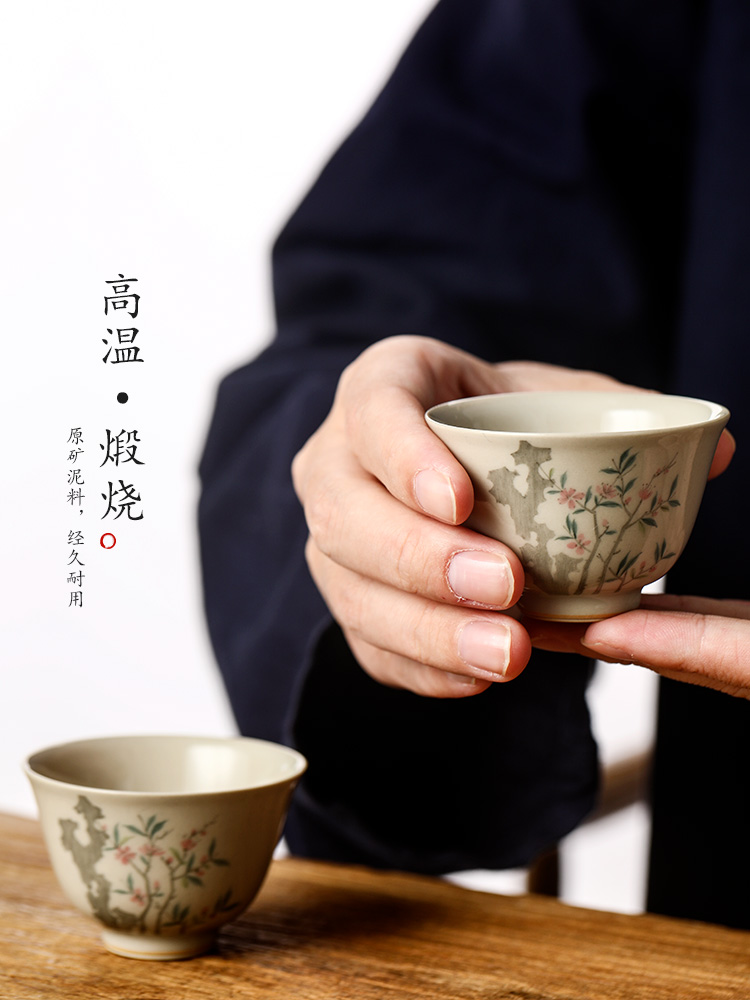 Master kung fu tea cup single cup pure manual jingdezhen hand - made sample tea cup single plant ash glaze peach blossom put to use