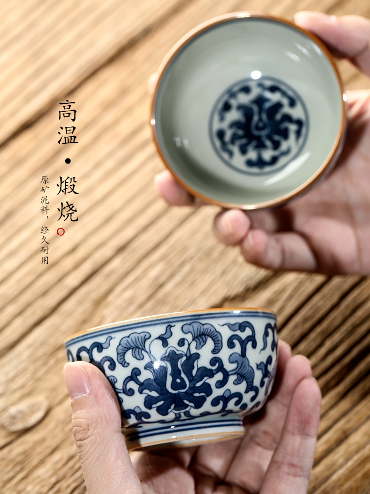 Hand - made jingdezhen blue and white tie up branch lotus master cup single CPU kung fu tea cups checking sample tea cup single ceramic cup