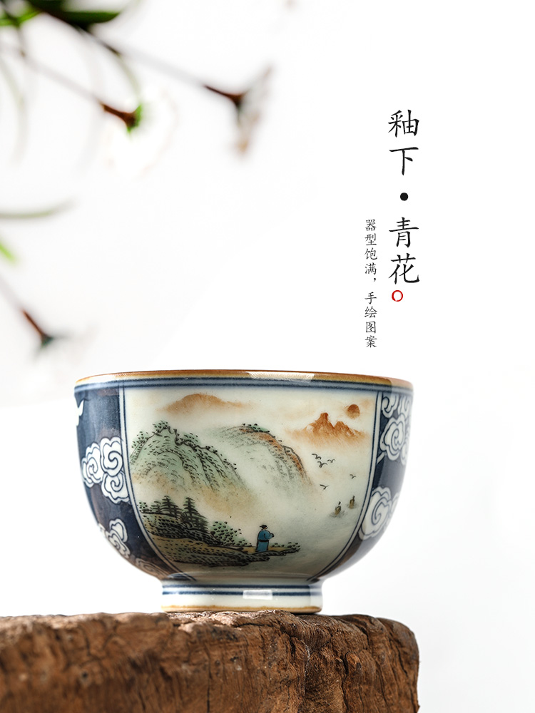 Jingdezhen blue and white master cup single cup pure manual sample tea cup single bucket kung fu tea teacups hand - made of scenery