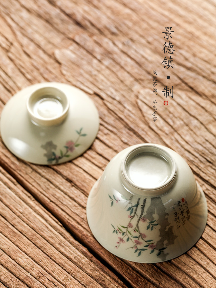 Jingdezhen hand - made tea tea tureen hot checking ceramic plant ash glaze not a single peach blossom put tea bowl