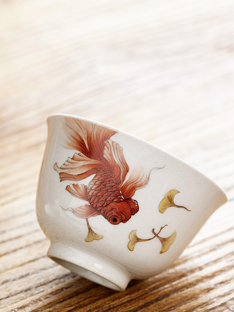 Jingdezhen kunfu tea tureen high - end hand - made teacup pastel goldfish without supporting plant ash single hot tea bowl