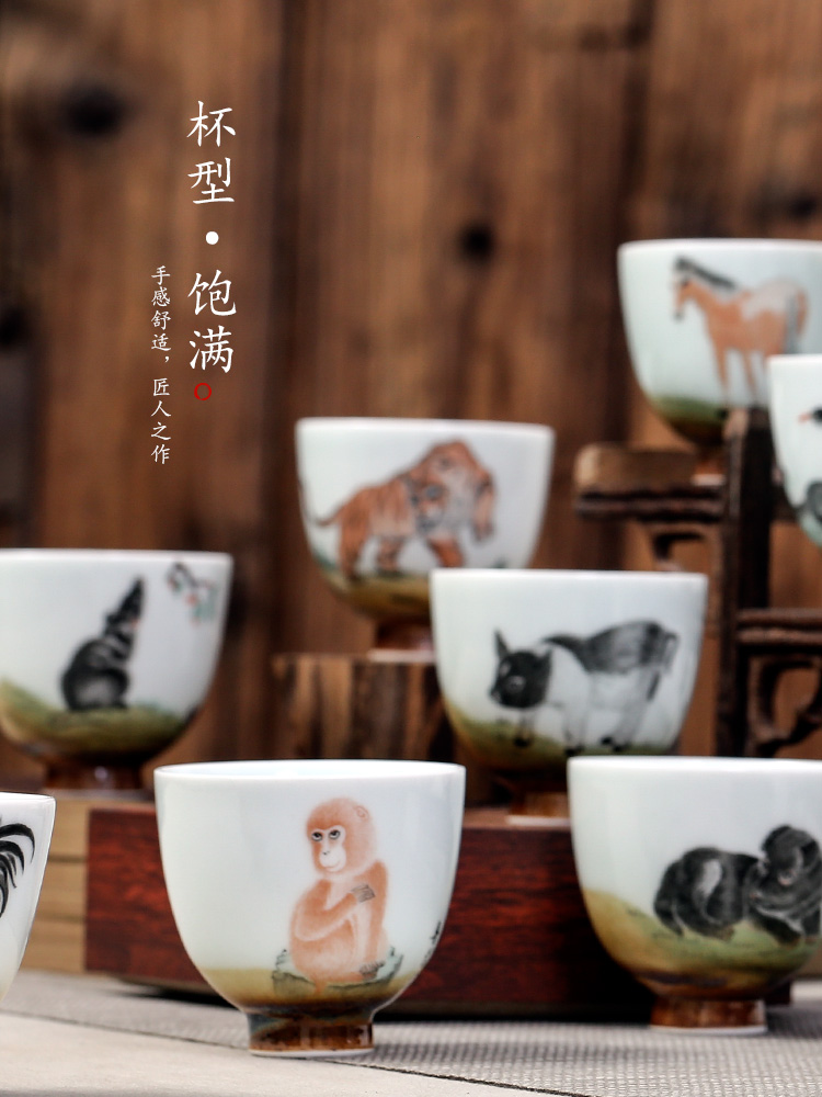 Jingdezhen hand - made master cup single cup pure manual white porcelain teacup kung fu tea sample tea cup, a large Chinese zodiac