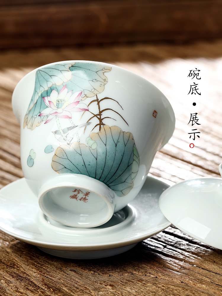 Jingdezhen only three tureen prevent hot large tea pure manual white porcelain bird kunfu tea bowl hand - made lotus tea