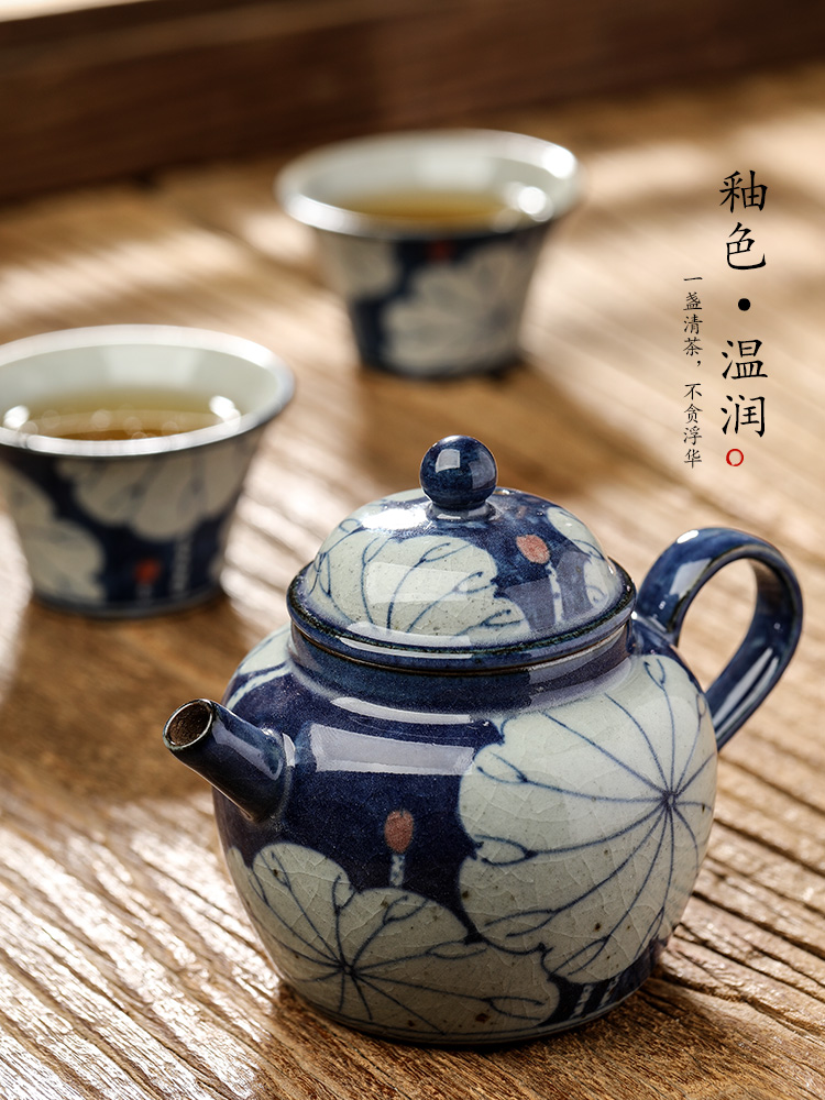 Jingdezhen blue and white teapot pure manual kung fu teapot single hand lotus clay pot of Chinese tea pot pot