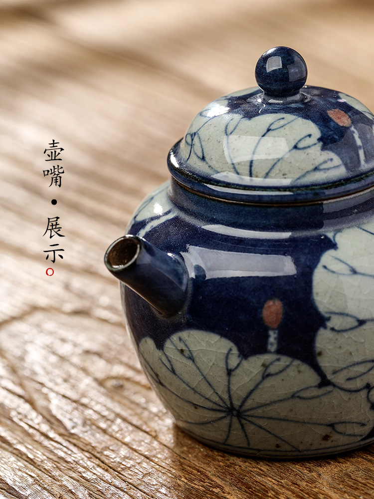 Jingdezhen blue and white teapot pure manual kung fu teapot single hand lotus clay pot of Chinese tea pot pot