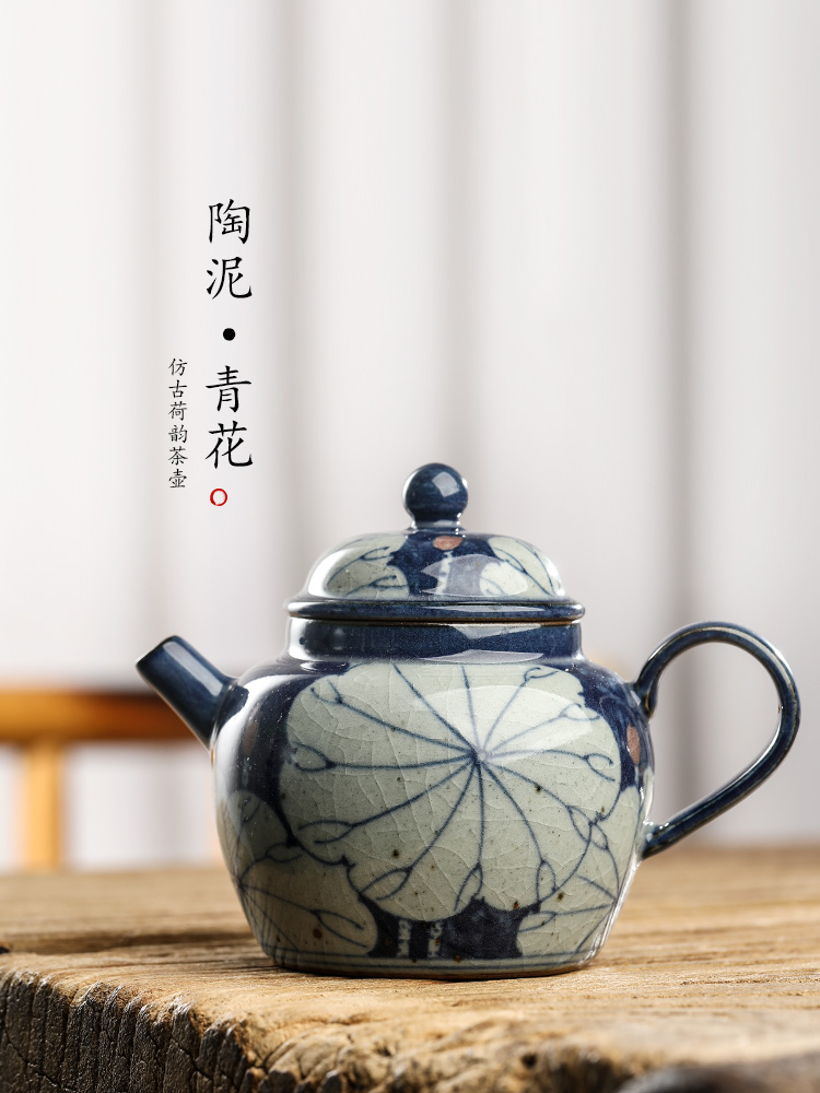 Jingdezhen blue and white teapot pure manual kung fu teapot single hand lotus clay pot of Chinese tea pot pot