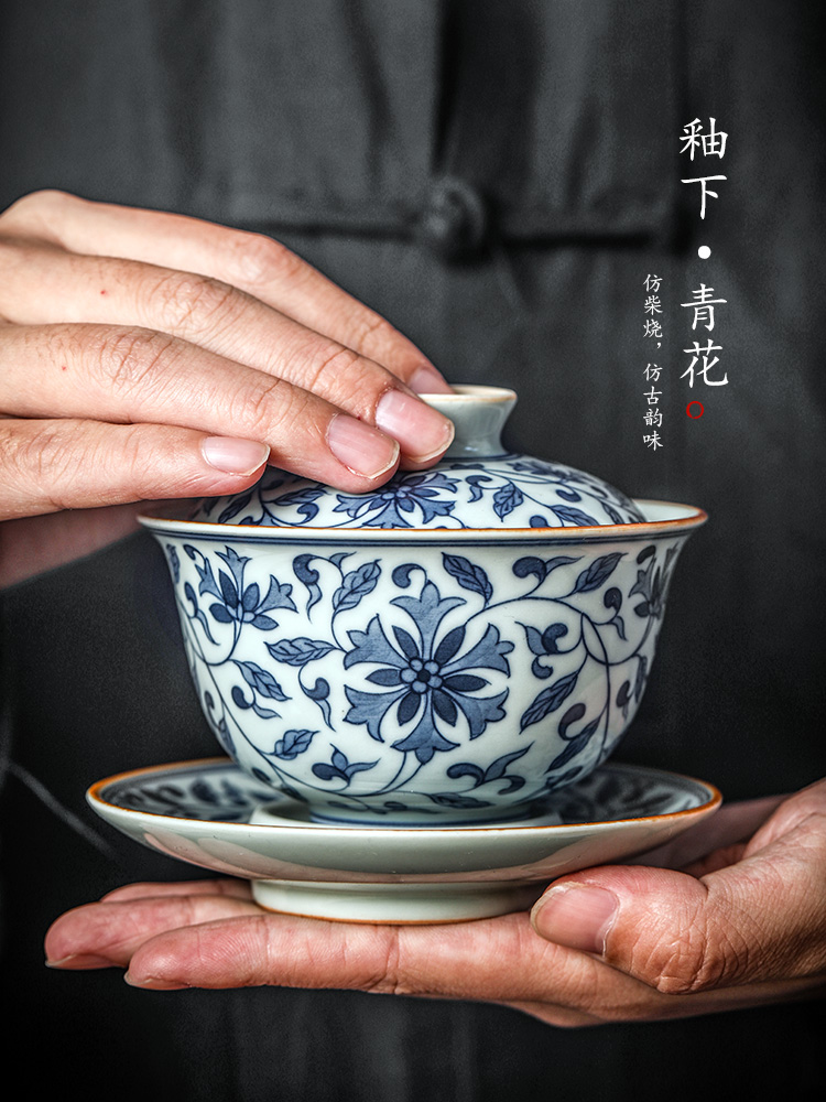 Pure manual only three tureen jingdezhen hand - made porcelain cups around branch lotus tea bowl of large - sized iron single tea; preventer