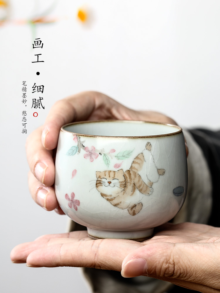 Your up hand - made the cat master cup single CPU jingdezhen checking ceramic kung fu tea set a single cup sample tea cup