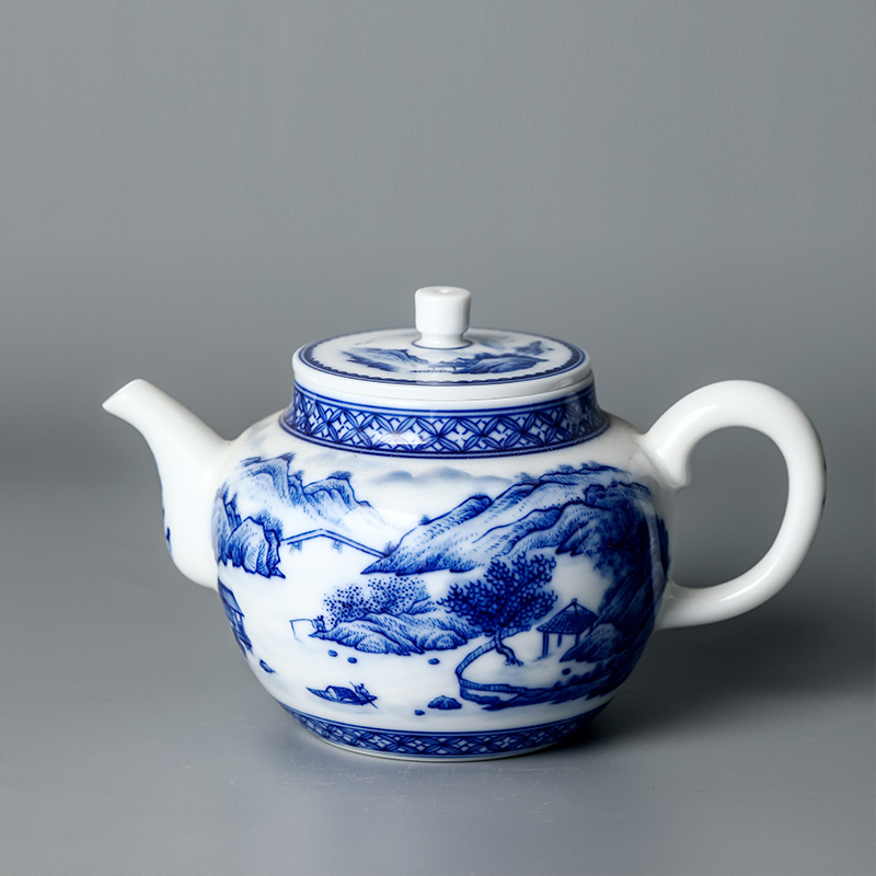 Jingdezhen checking ceramic teapot single pot of blue and white landscape Chinese teapot hand - made white porcelain ball hole, large pot
