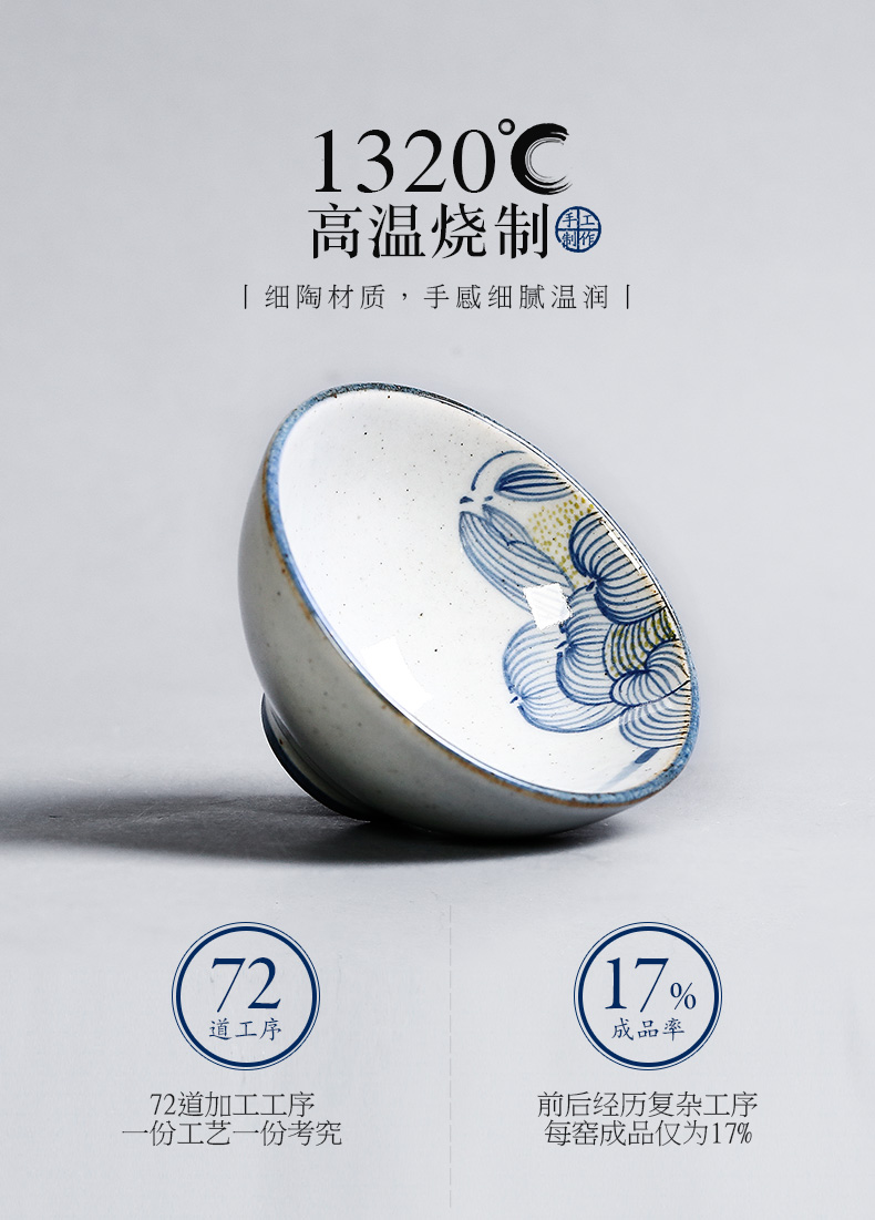 Jingdezhen ceramic blue master of kung fu tea cup pure manual single cup tea hand - made sample tea cup coarse pottery small cup