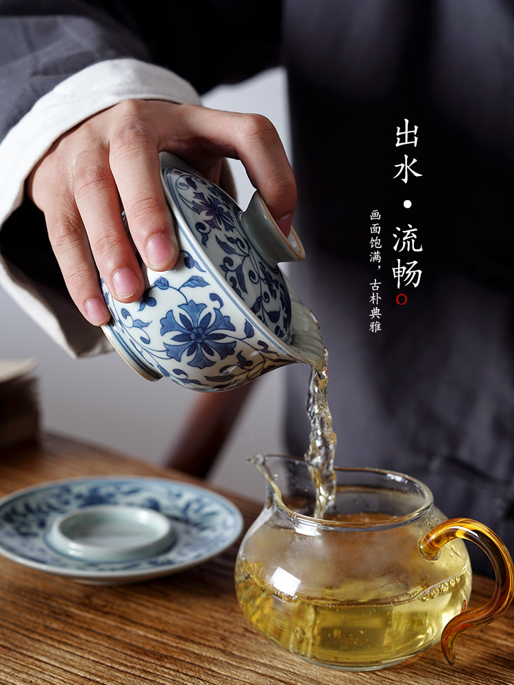 Jingdezhen porcelain hand - made bound branch lotus three to prevent iron antique cups of tea tureen tea tea kungfu is large