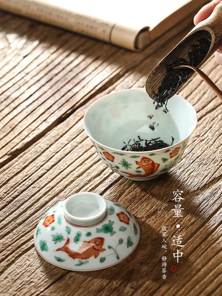 Pure manual tureen Chinese tea bowl goldfish male jingdezhen hand - made ceramic cups kung fu tea tea restoring ancient ways