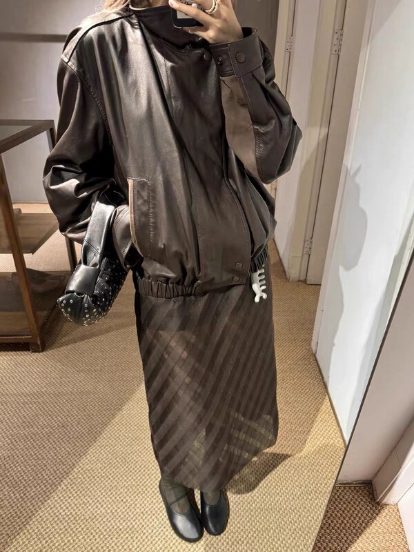 In-Stock Lemai Style 26Ss Brown and Black Color-Blocked Leather Jacket Casual Short Wide Half-High Collar Paper-Like Suede Coat