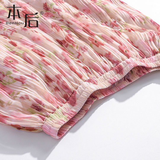 28010 Retro printed pleated chiffon floral skirt summer women's mid-length pleated skirt A-line skirt for small people