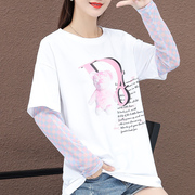 . Dài tay giả hai mảnh t-shirt 2020 mùa hè mới ren khâu hit màu trung dài áo thun hàng đầu