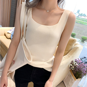 . Net mùa hè đỏ mới sling phụ nữ vest bên wearbottom tay t-shirt màu đen bức thư và thủy triều trắng trên