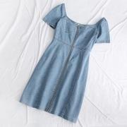 . 2020 Summer New Slim Collar Bubble Sleeve Denim ăn mặc Bọc Siky váy