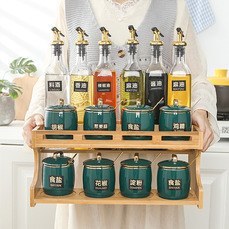 Ceramic condiment boxed set household green glaze glaze oil leak proof salt shaker combination spice bottles receive shelf