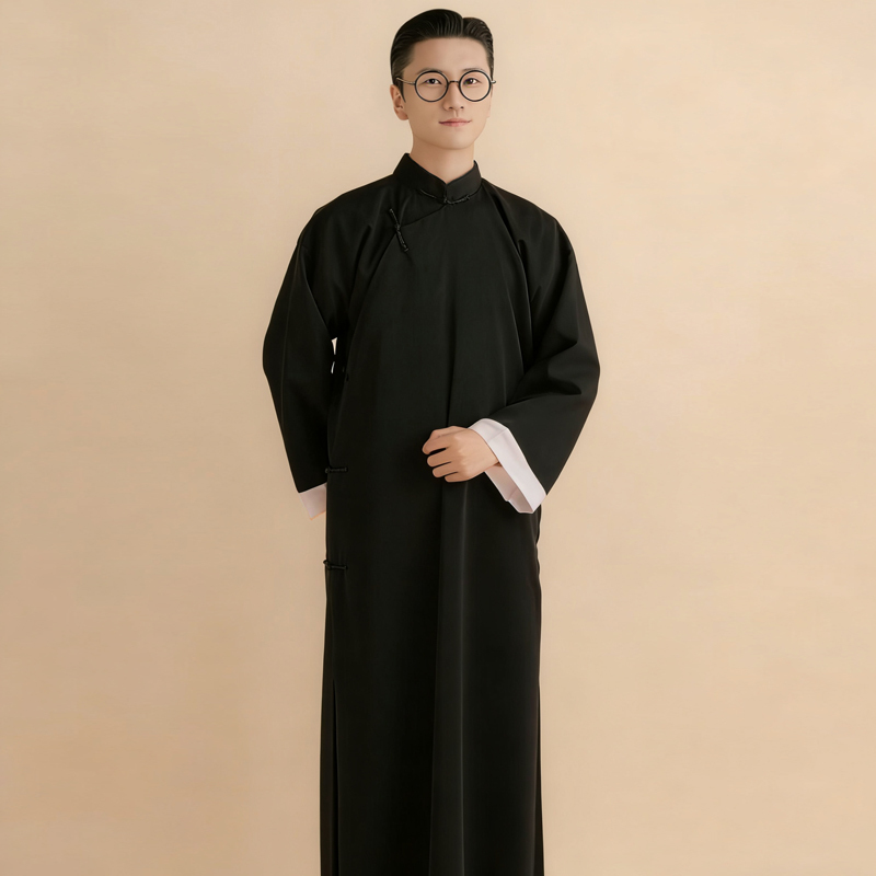 Men's Clothing from the Republic of China Period, Performance Clothing for Stand-Up Comedy, Large Size Mandarin Jacket, Tang Suit, Chinese-Style Black Robe, Stand-Up Collar Long Shirt